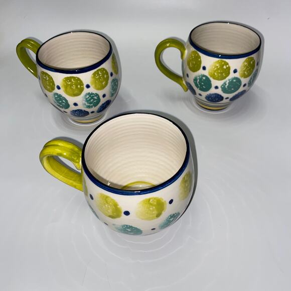 3 Anthropologie Bubble Shaped Kantha Spongeware Dots & Stripes Coffee Tea Mug - Picture 2 of 8